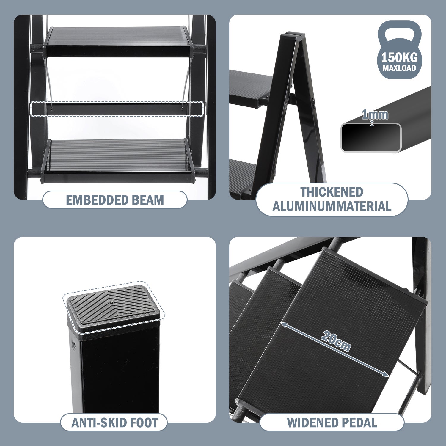 Escabeau Pliant,Échelle en alliage d'aluminium 150kg capacité - 2 marches Noir, environ 61CM - 3