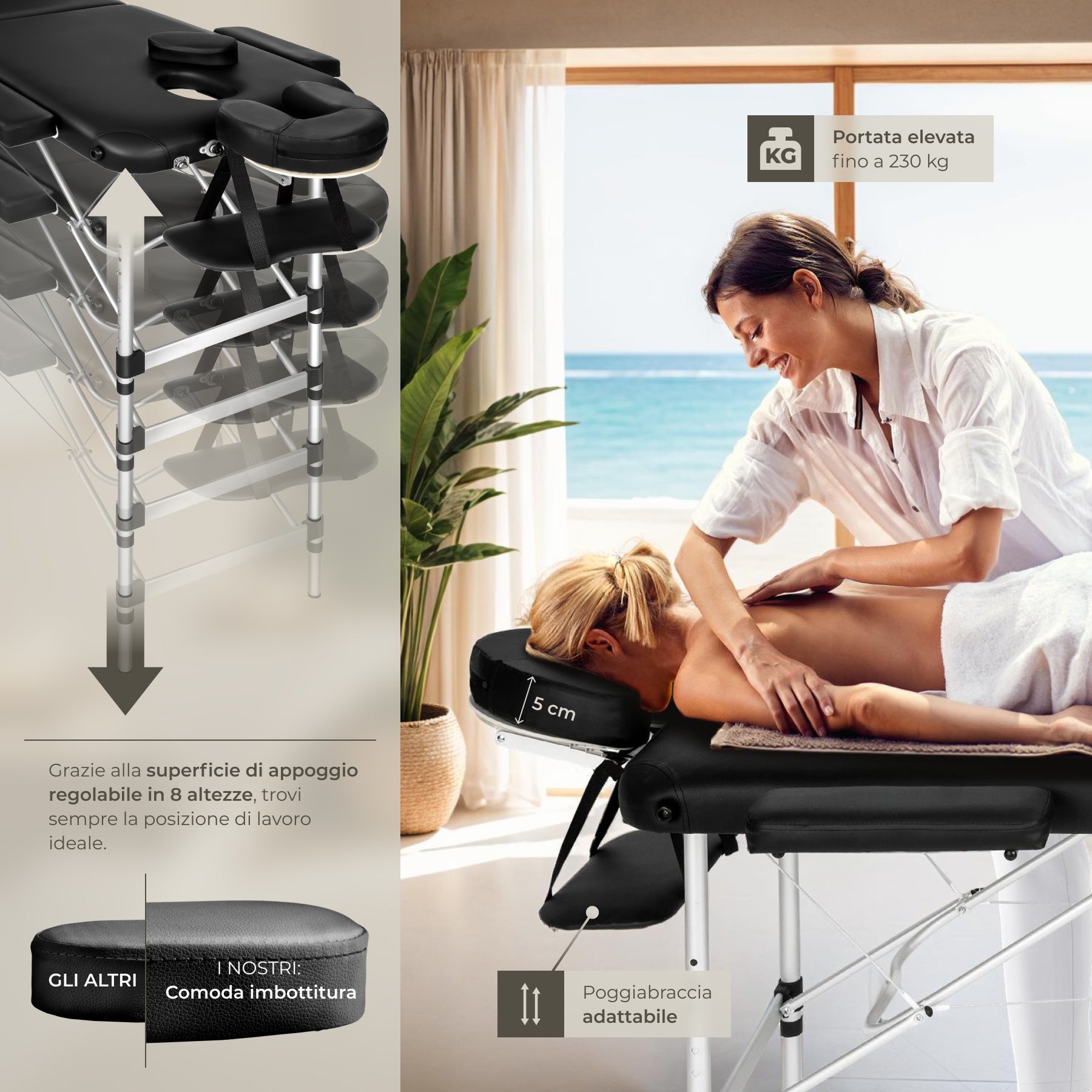 Table de massage en vinyle, pliable, 3 zones, rembourrage épais, appui-tête amovible, noir TECTAKE - 4