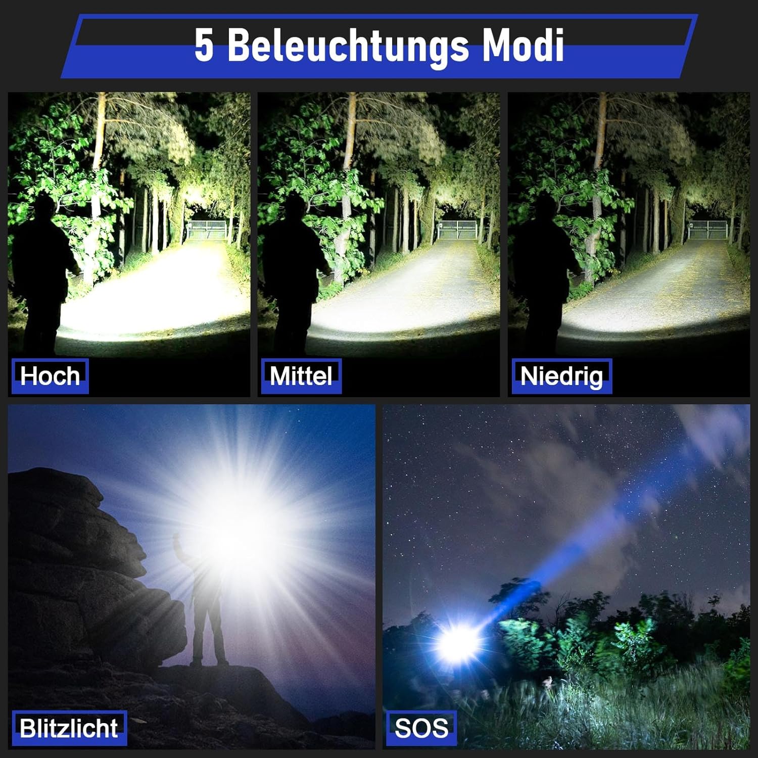 Lampe Torche LED Ultra Puissante 1000000 Lumens, Rechargeable, Longue Portée, 5 Modes D'éclairage, Zoomable - 3