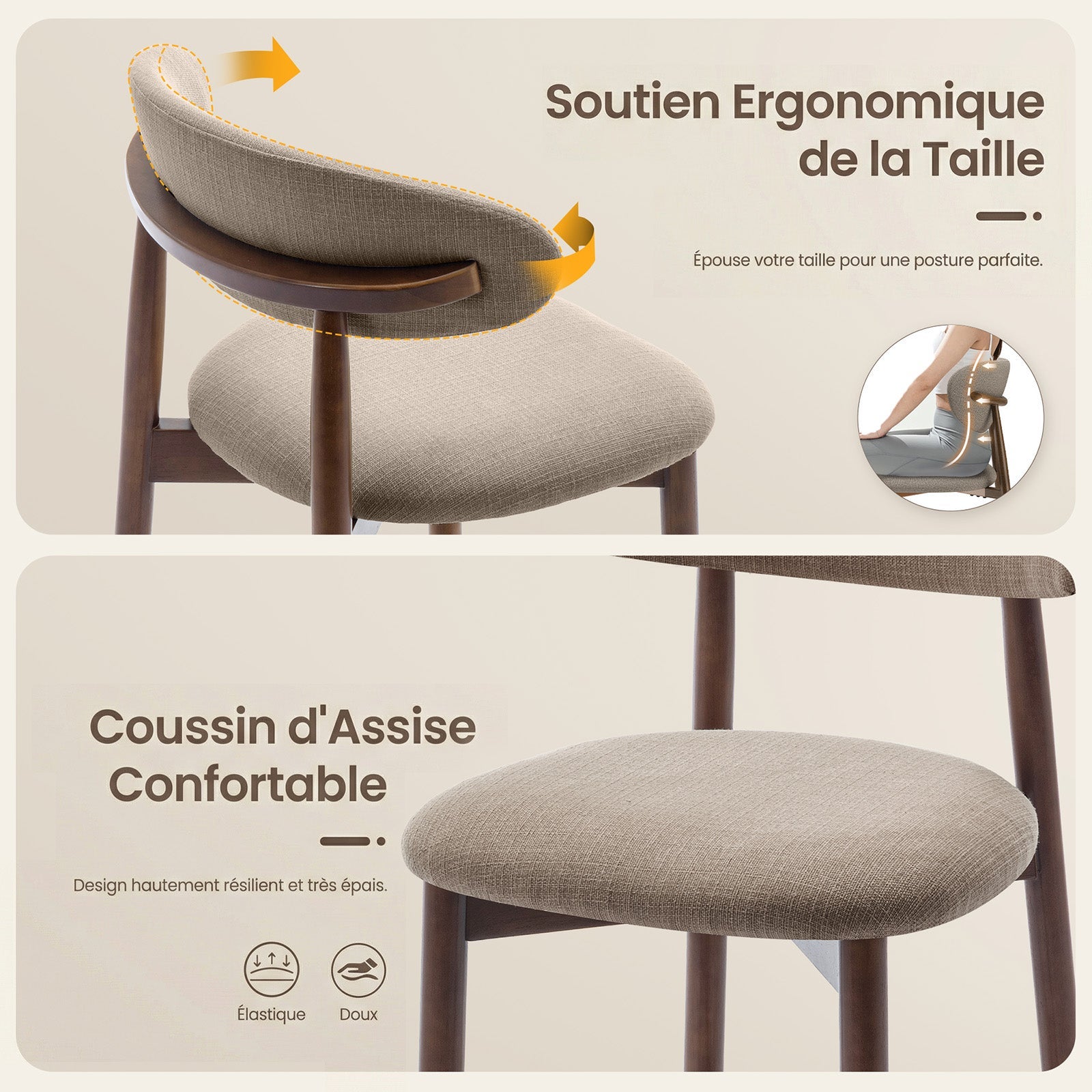 Lot de 2 Chaises de Bar Modernes, Assise Confortable en Tissu, Structure en Bois, Marron - 4