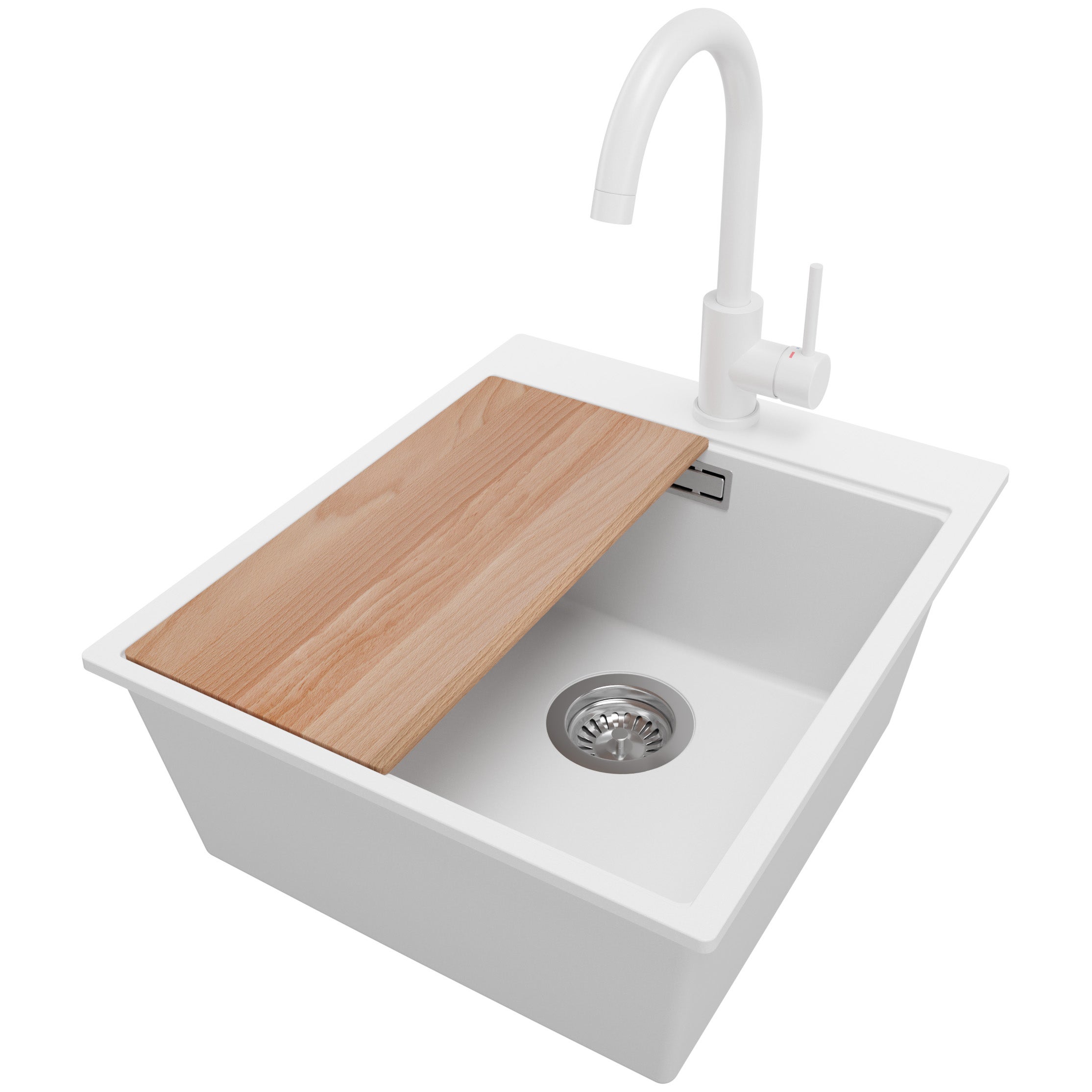Zlewozmywak Granitowy Biały 43x50cm, Zlew Kuchenny 1 Komorowy + Bateria 32x20cm + Syfon + Deska, Nablatowy do szafki od 45cm - Oslo PRIMAGRAN