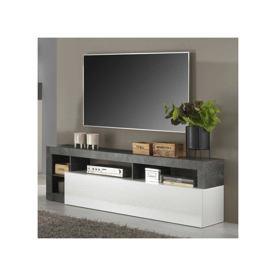 Meuble TV Blanc Gallery - 5 Niches - Dimensions 120x40x50 Cm - En MDF, Charge Max 50 Kg - À Monter Soi-même