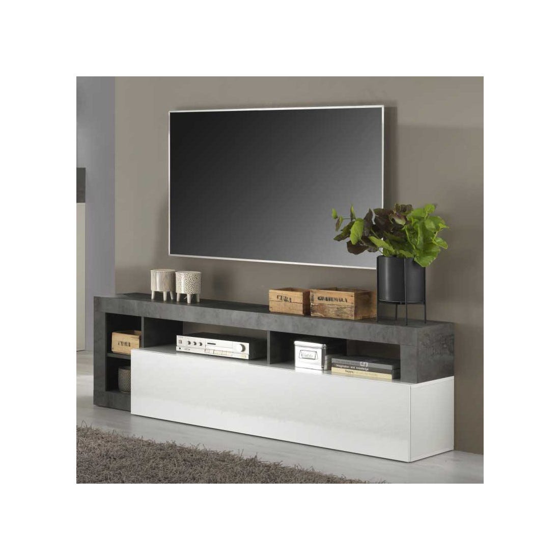 Meuble TV Blanc Gallery - 5 Niches - Dimensions 120x40x50 Cm - En MDF, Charge Max 50 Kg - À Monter Soi-même