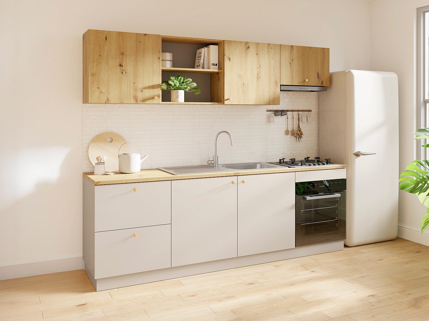 Cuisine complète - Avec plan de travail 242 cm - Beige et Naturel clair ...