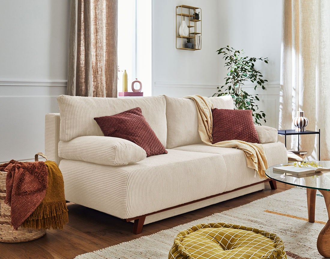 Canapé droit convertible 3 places avec coffre en velours côtelé beige - CRISTAL - Best Mobilier - 5