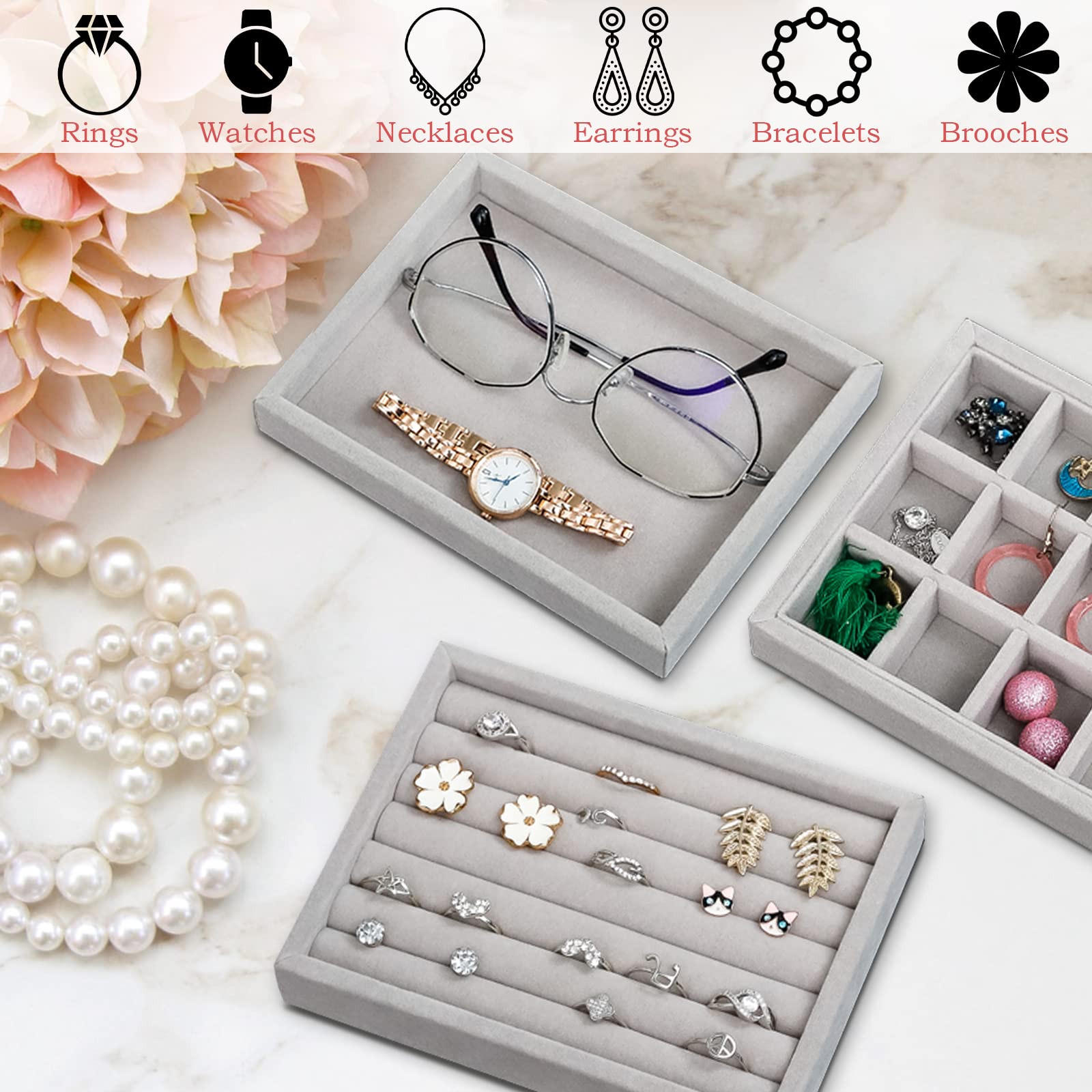6 Pcs Plateaux Rangement, Peut Stocker/Afficher, Organisateur Tiroir a 6 Tailles Différentes, Plateau Bijoux Velour pour Bague/Collier/Bracelet - 4