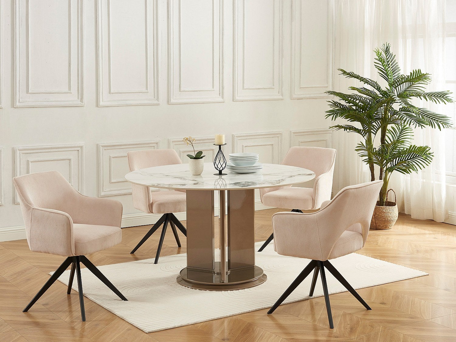 Zestaw 6 krzeseł obrotowych z podłokietnikami ze sztruksu i czarnego metalu - Kremowy - KONYA