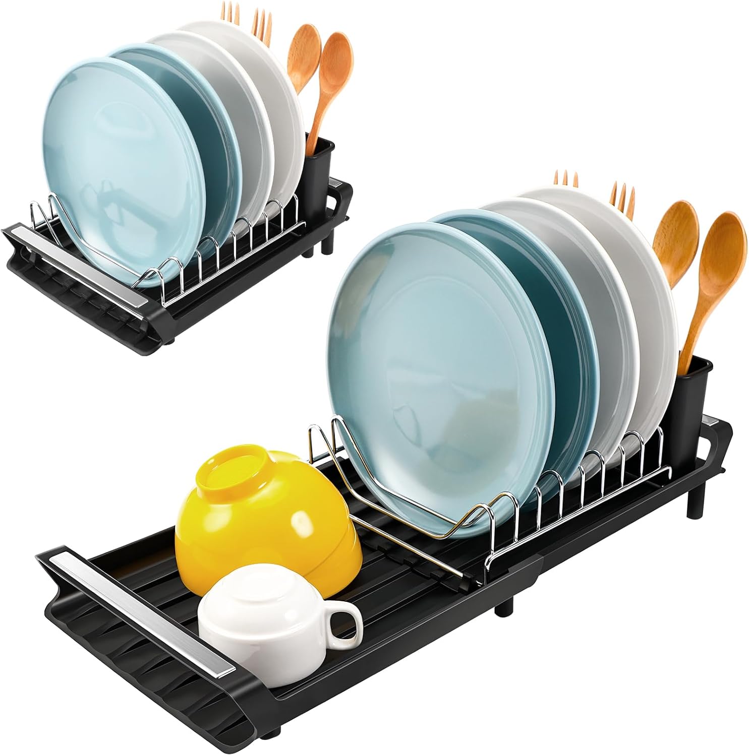 Ociekacz do naczyń, kompaktowy rozsuwany ociekacz do naczyń z ociekaczem na sztućce ze stali nierdzewnej, tacka ociekowa / 28-47 cm (czarny)