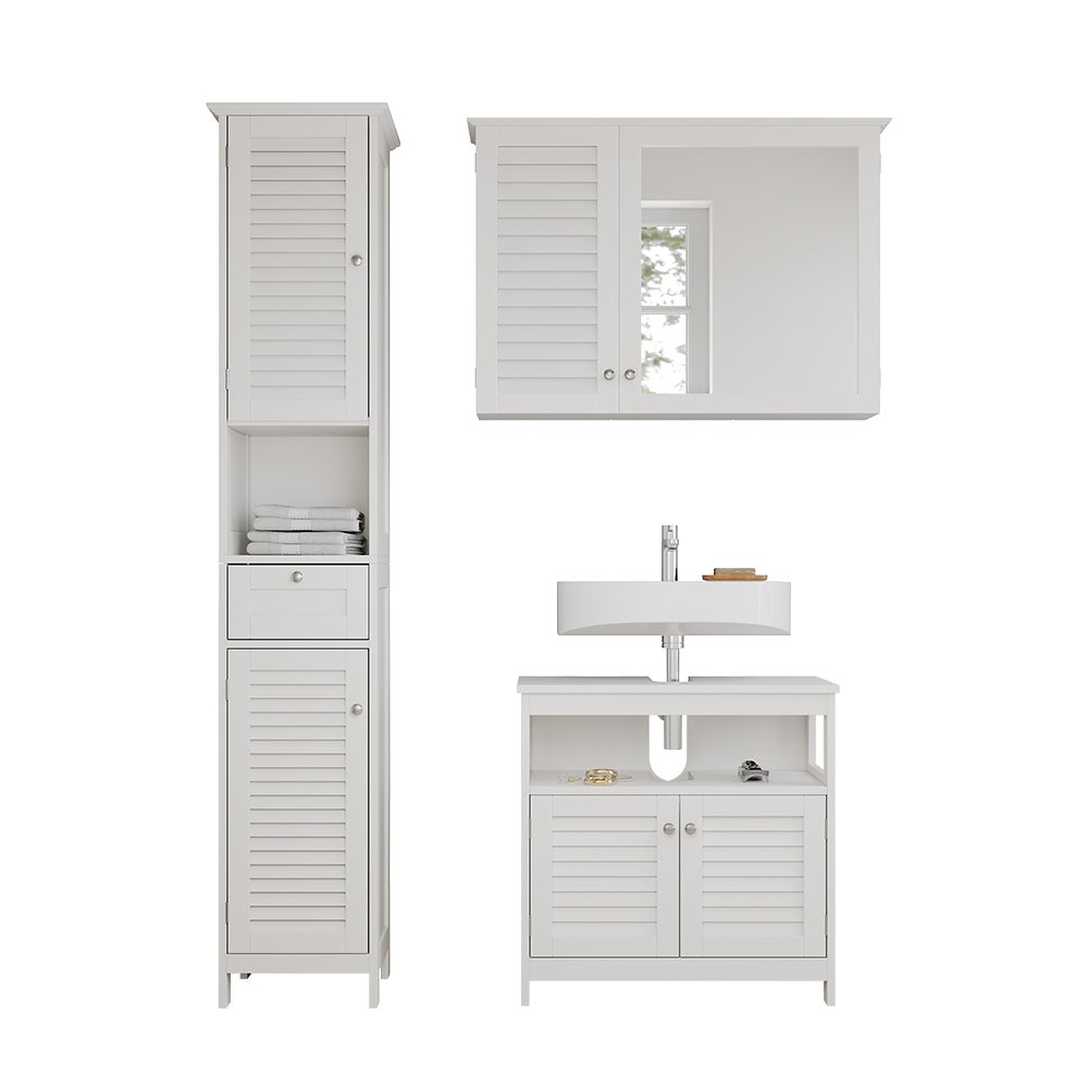 Meuble Bas Salle De Bain Vicco Riad - Blanc 60x80x30 Cm - 2 Portes Lamelles + Compartiment Ouvert