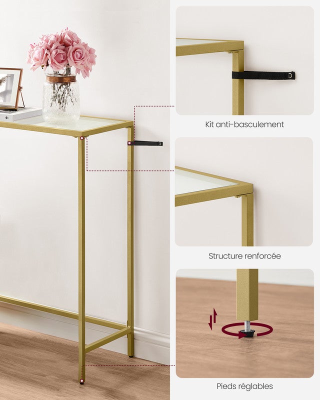 Table Console, Table d'Entrée, Bout de Canapé, Dessus de Table en Verre Trempé, Montage Facile, Pieds Réglables, Doré Clair et Transparent - 6