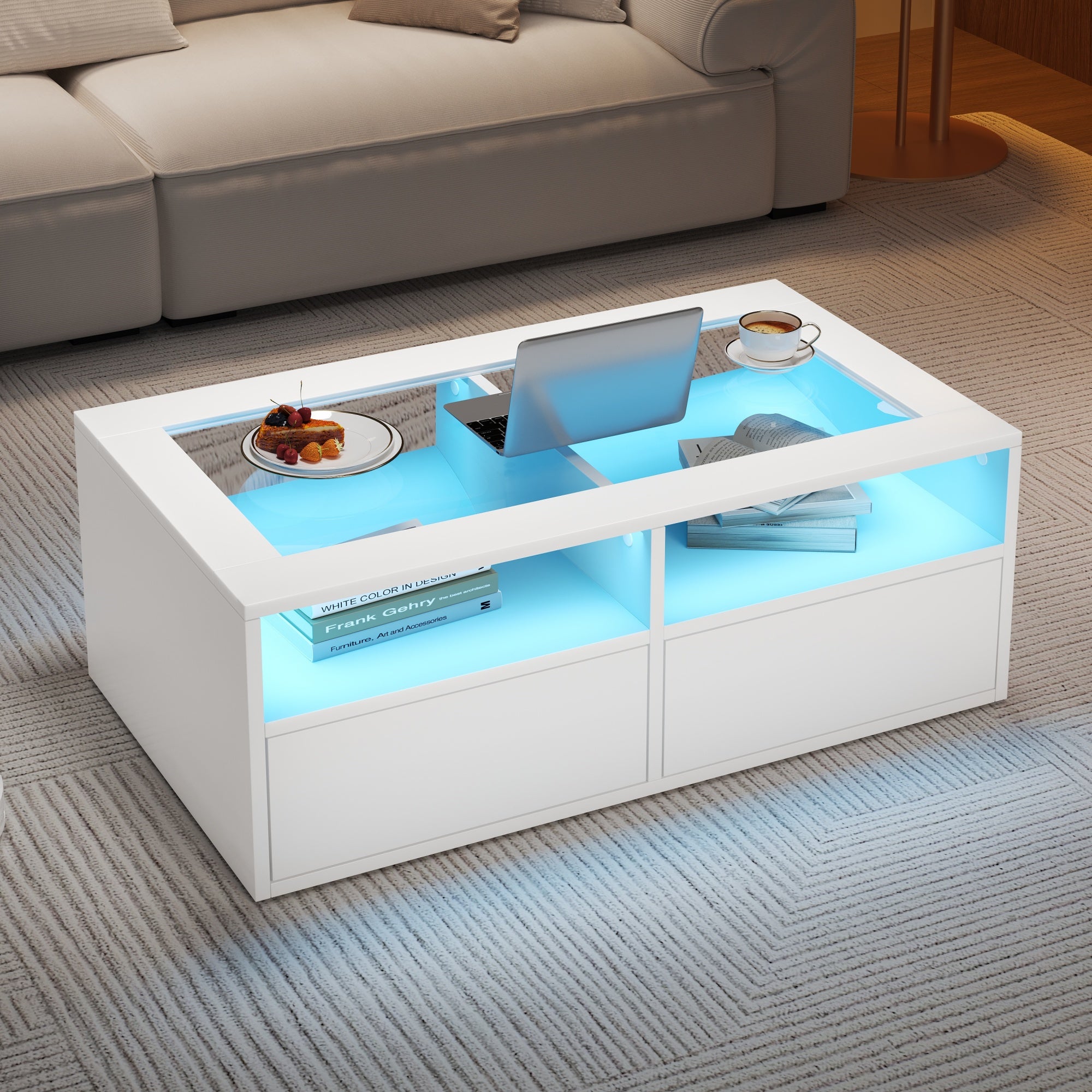 Stolik kawowy z 2 szufladami i 2 otwartymi przegródkami - 100 x 50 x 35 cm - Diody LED - Płyta wiórowa i szklany blat - Kolor biały - 5