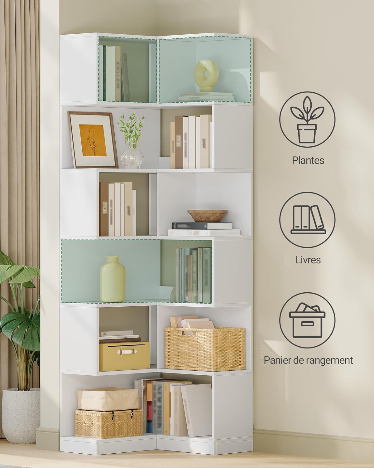 Bibliotheque, Bibliothèque d'angle à 7 Niveaux, étagère d'angle en Forme de L, Armoire d'angle pour Salon, Chambre, Bureau,Blanc - 5