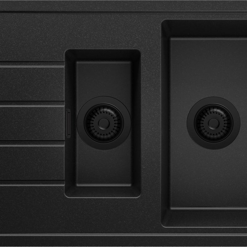 Zlewozmywak Cały Czarny 90x50cm, Zlew Kuchenny 1,5 Komorowy + Syfon, Nablatowy do szafki od 60cm - Kopenhaga Duo PRIMAGRAN