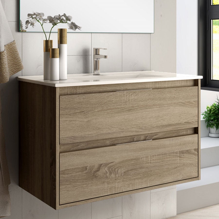 Ensemble meuble de salle de bain 100cm simple vasque + colonne de rangement IRIS - cambrian (chêne) - 3