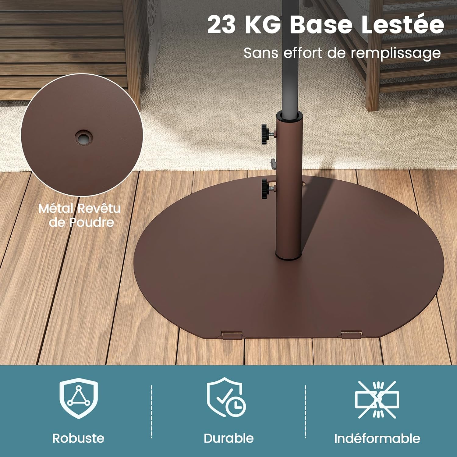 Base Para Sombrilla Con Ruedas KOMFOTTEU - Soporte Metálico 23 Kg, 2 Perillas Ajustables, Color Marrón, Terraza/jardín