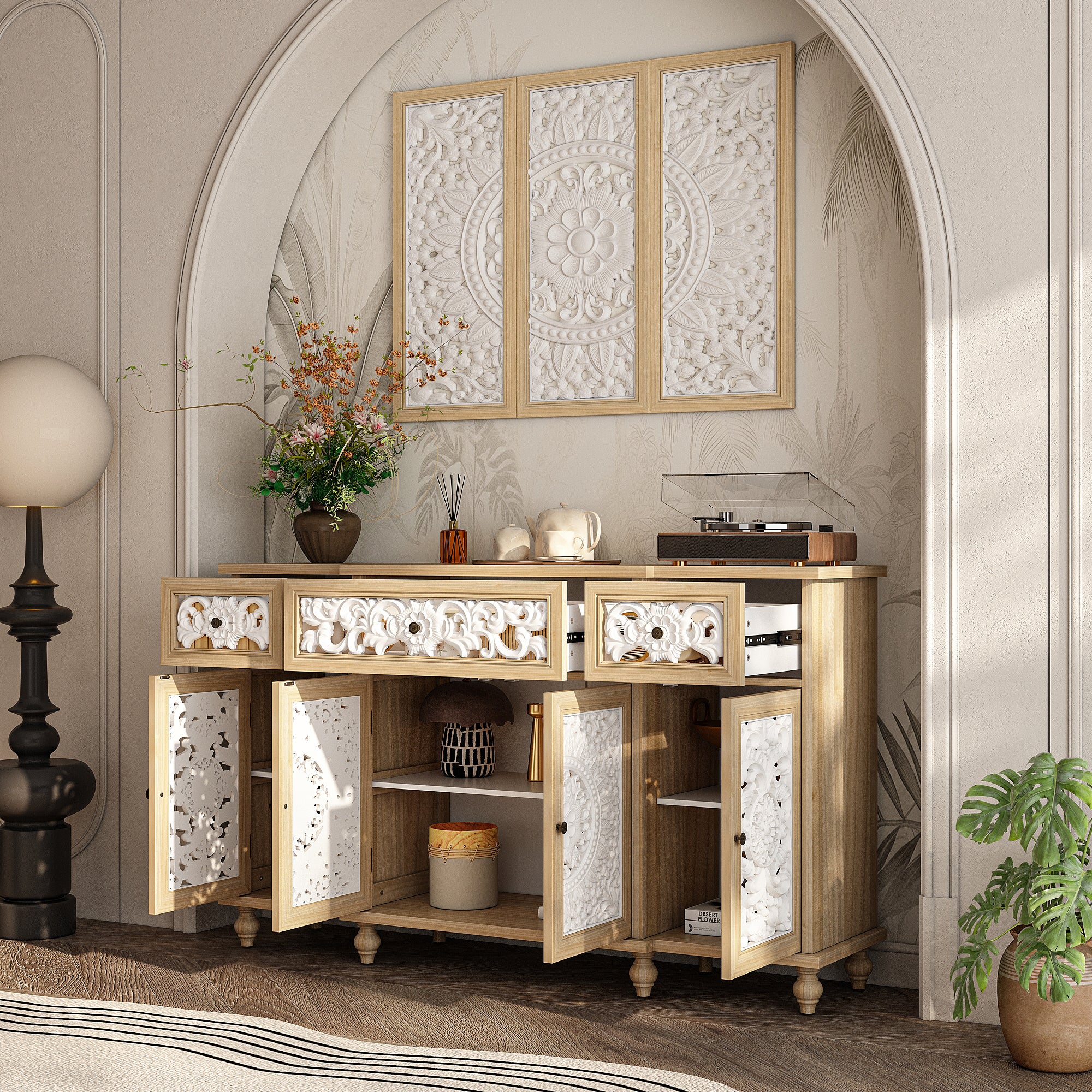 Buffet de Salon avec Décor Mural, 3 Tiroirs et 4 Portes avec Façade Sculptés et Ajourés, Chambre et Salon, 150x40x90, Blanc et Chêne - 3