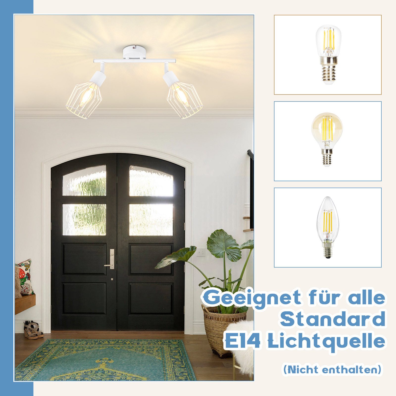 NETTLIFE Foco de Techo，2 luces E14 - Metal, Lámpara de Pasillo Industrial Giratoria 350°, Aplique de Pared para Pasillo y Sala de Estar, Blanco - 3