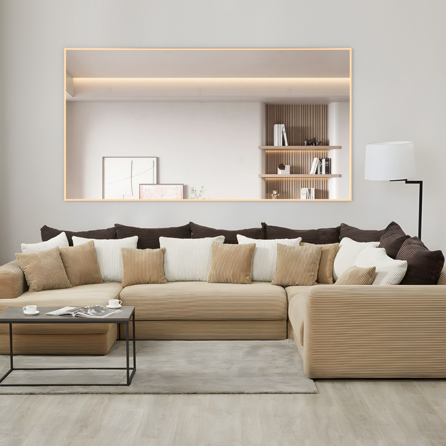 Espelho de chão de grandes dimensões, de pé, suspenso, com moldura em alumínio dourado, adequado para a sala de estar e para o quarto. - 2