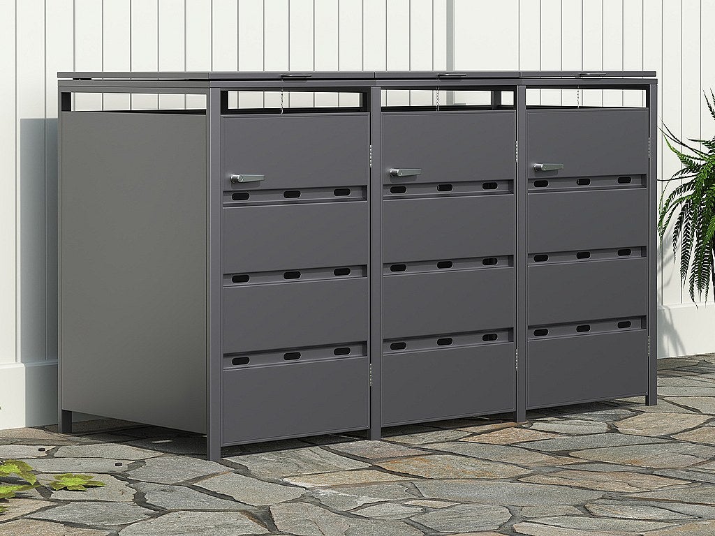 Osłona na śmietnik z ocynkowanej stali w kolorze antracytowym - 0,6 mm - 3 kosze po 240L - S200 x G80 x W116 cm - LOKAFA