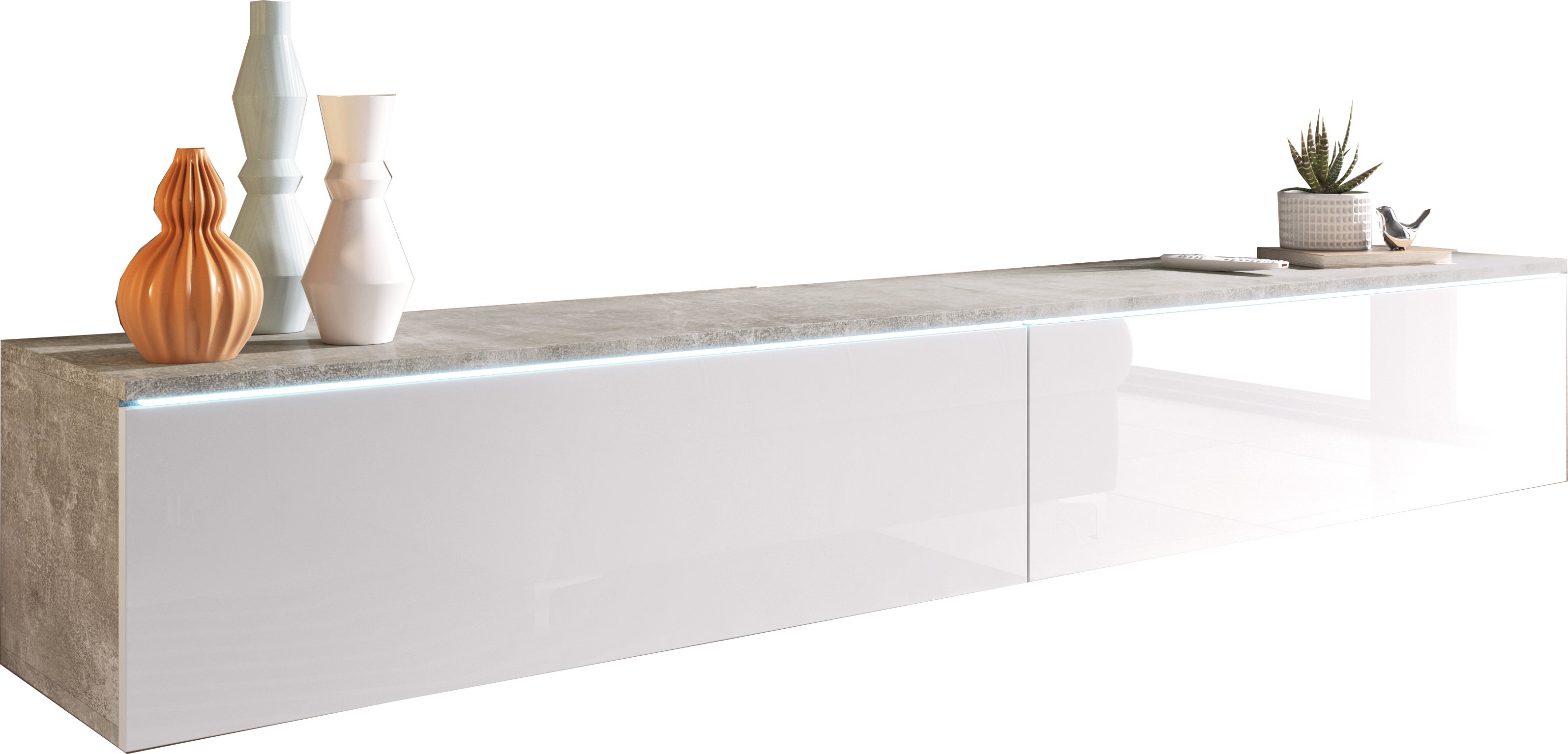 Szafka RTV DONNA 180 w kolorze beton/biały połysk z oświetleniem LED