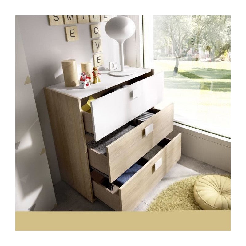 Cómoda Dina com 3 gavetas - Natural e Branco 81 A X 80 AN X 43 P - 5