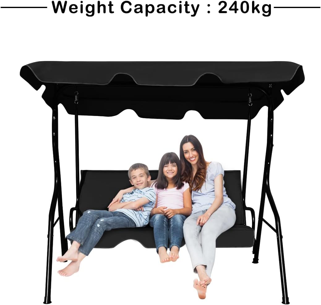 Baloiço de jardim de 3 lugares com teto impermeável 170 x 110 x 153 cm (preto) - 7