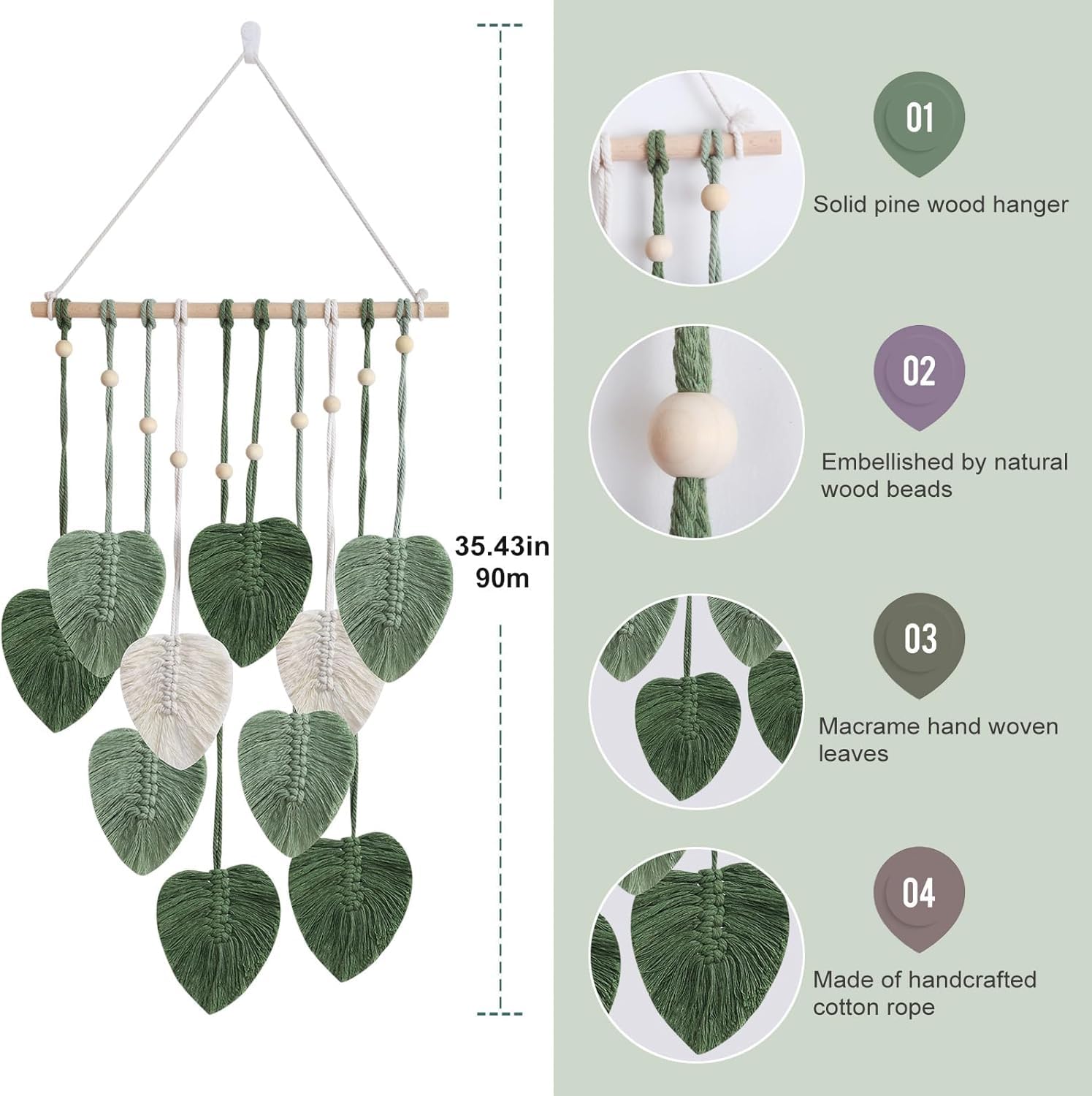 Tenture murale en macramé, tapisserie tissée bohème, grand pompon en forme de feuille, art mural tissé à la main, 66 x 40 cm, vert - 2