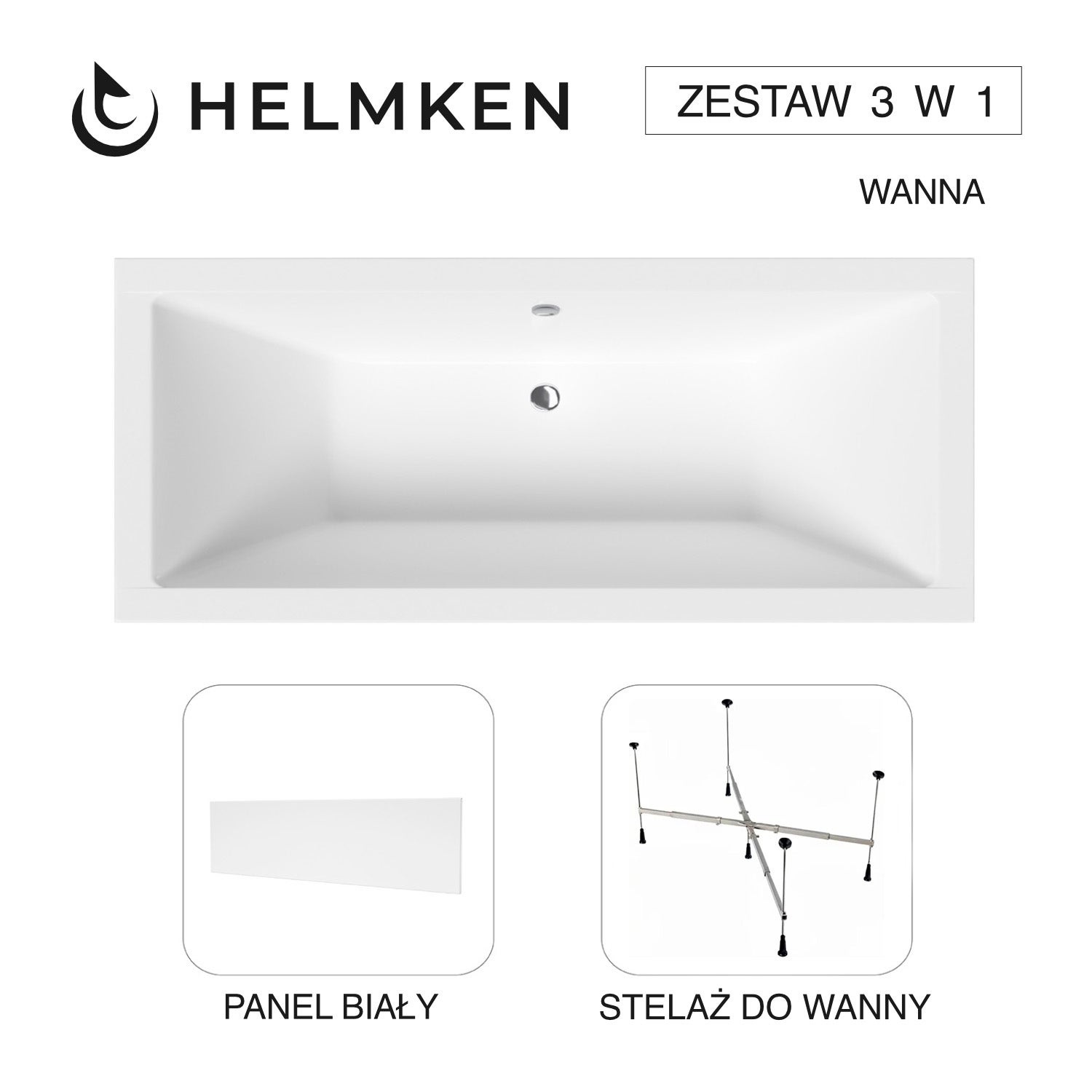 Wanna akrylowa Helmken Alvaro 175 x 80 + Panel Biały + Stelaż uniwersalny do wanien Helmken 21230020 / 23096004-3S