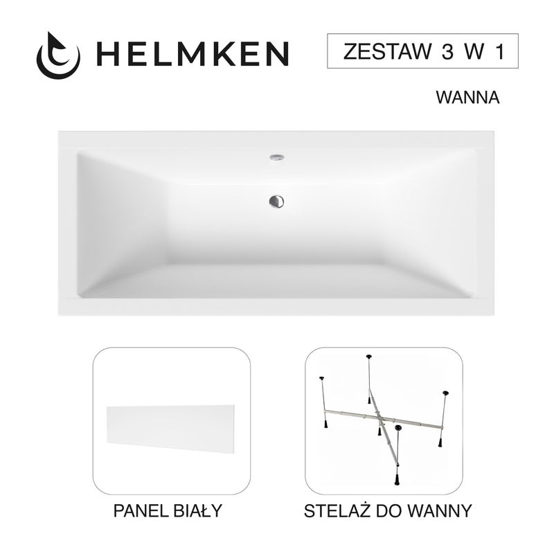 Wanna akrylowa Helmken Alvaro 175 x 80 + Panel Biały + Stelaż uniwersalny do wanien Helmken 21230020 / 23096004-3S