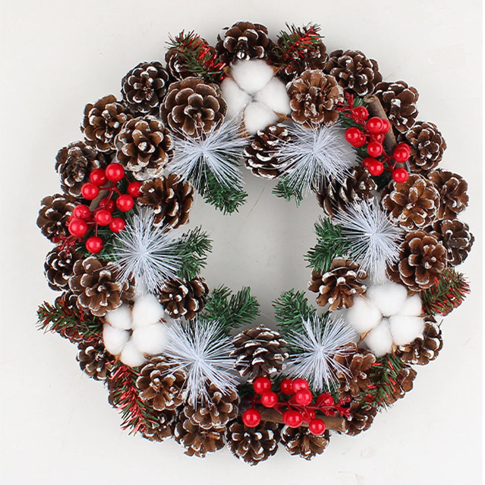 Couronne de Noël Couronne de Noël artificielle de 13,7 pouces décorée de pommes de pin et de coton pour décorations de vacances intérieures et e - 4