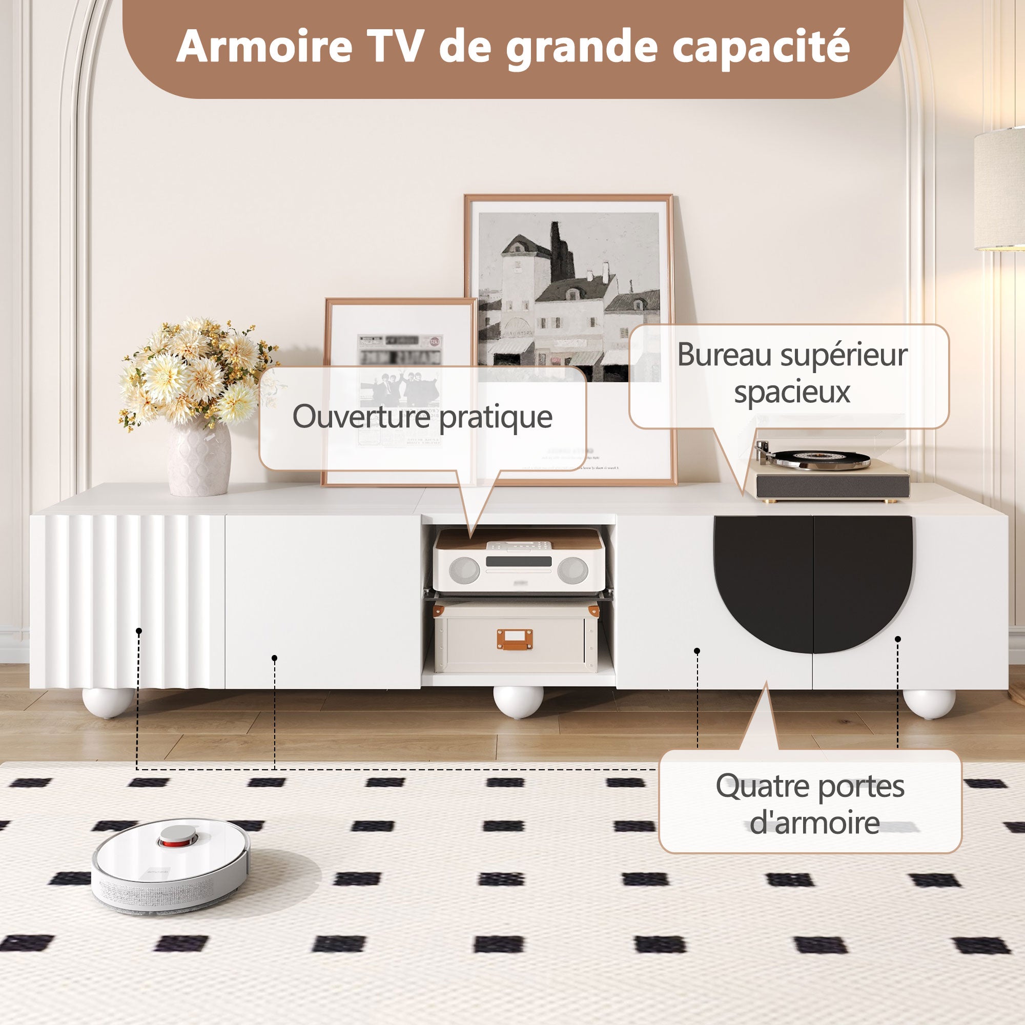 Nowoczesna szafka RTV z 4 drzwiami i 2 półkami - 180 x 40 x 41,5 cm - Płyta wiórowa + MDF - Biała - 5