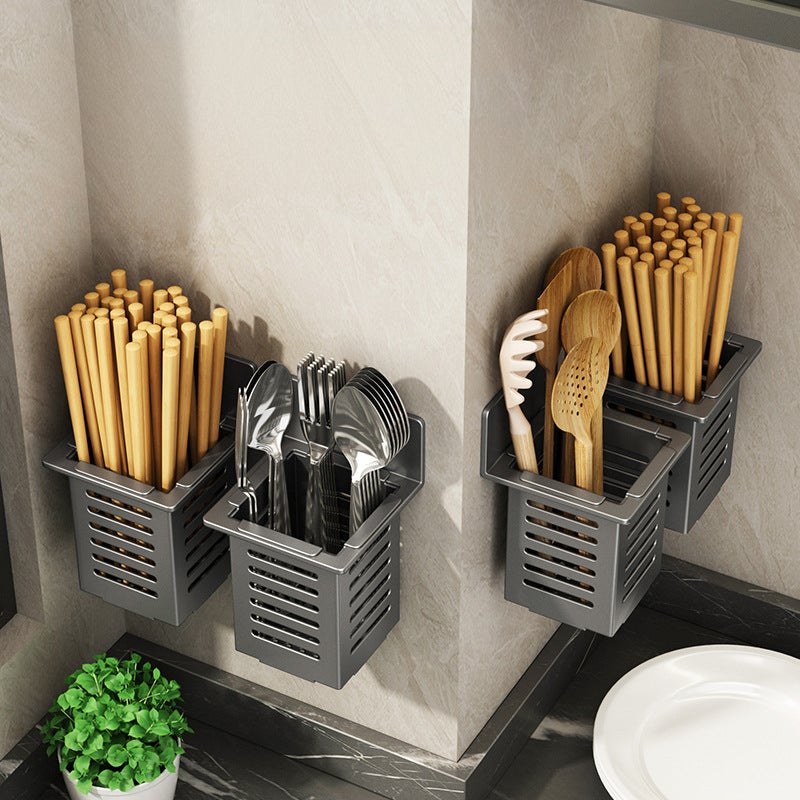 Panier à Baguettes en Acier Inoxydable pour Ustensiles de Cuisine, Support Mural Gris Foncé, 15.4*9.6*9.6 cm - 3