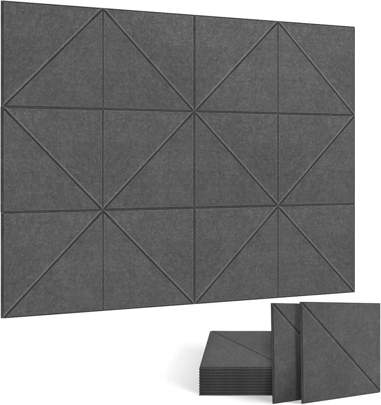 Zestaw 12 samoprzylepnych paneli akustycznych, wyściółka dźwiękochłonna z poliestru, panele ścienne o wysokiej gęstości, 30 x 30 x 1 cm, kolor szary