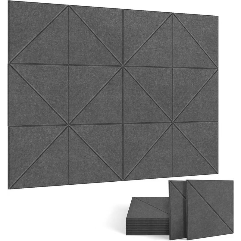 Zestaw 12 samoprzylepnych paneli akustycznych, wyściółka dźwiękochłonna z poliestru, panele ścienne o wysokiej gęstości, 30 x 30 x 1 cm, kolor szary