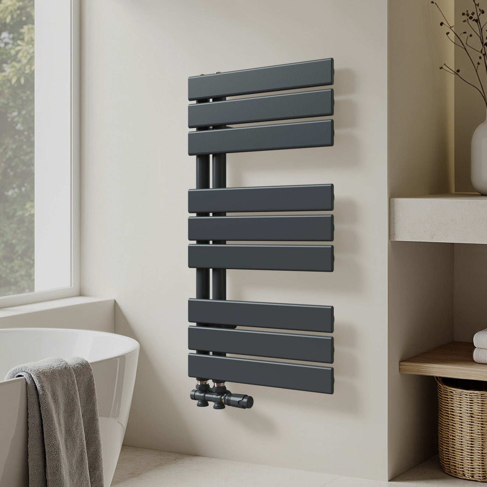 Grzejnik łazienkowy drabinkowy na ciepłą wodę - Stalowy z podłączeniem środkowym - Kolor antracytowy - Wymiary 762 x 400 mm - Moc 360 W