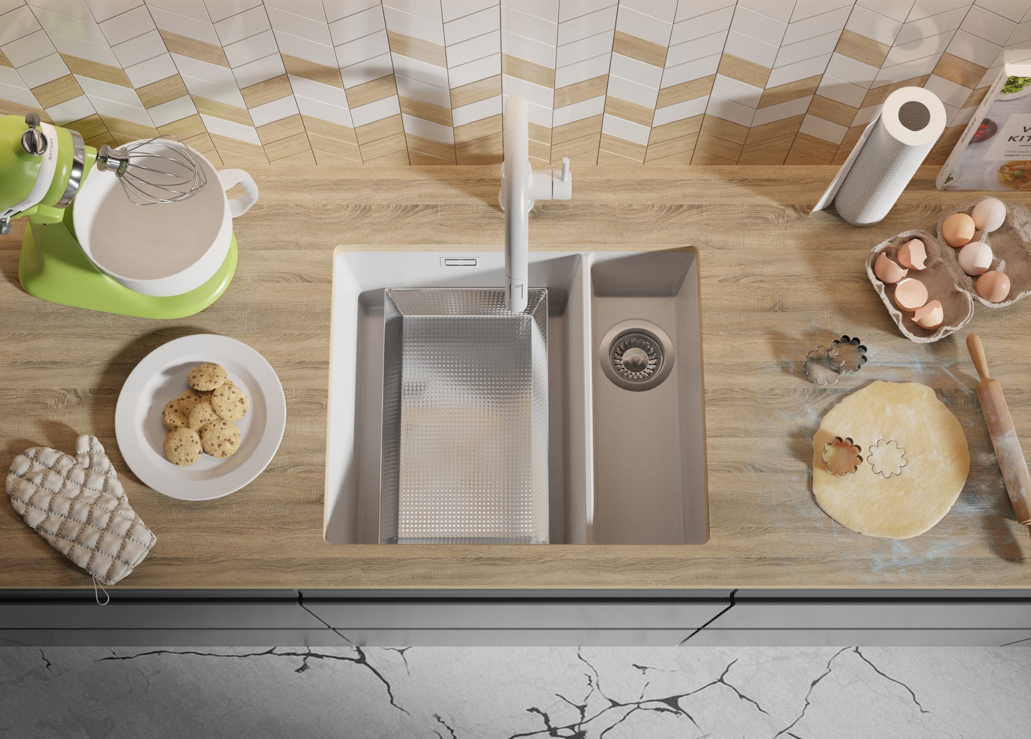 Lavandino sottotop Bianco 56x47cm, Lavello in Granito a 1,5 vasche + Sifone Classico + Accessori, Lavabo da Cucina al mobile 60cm PRIMAGRAN - 9