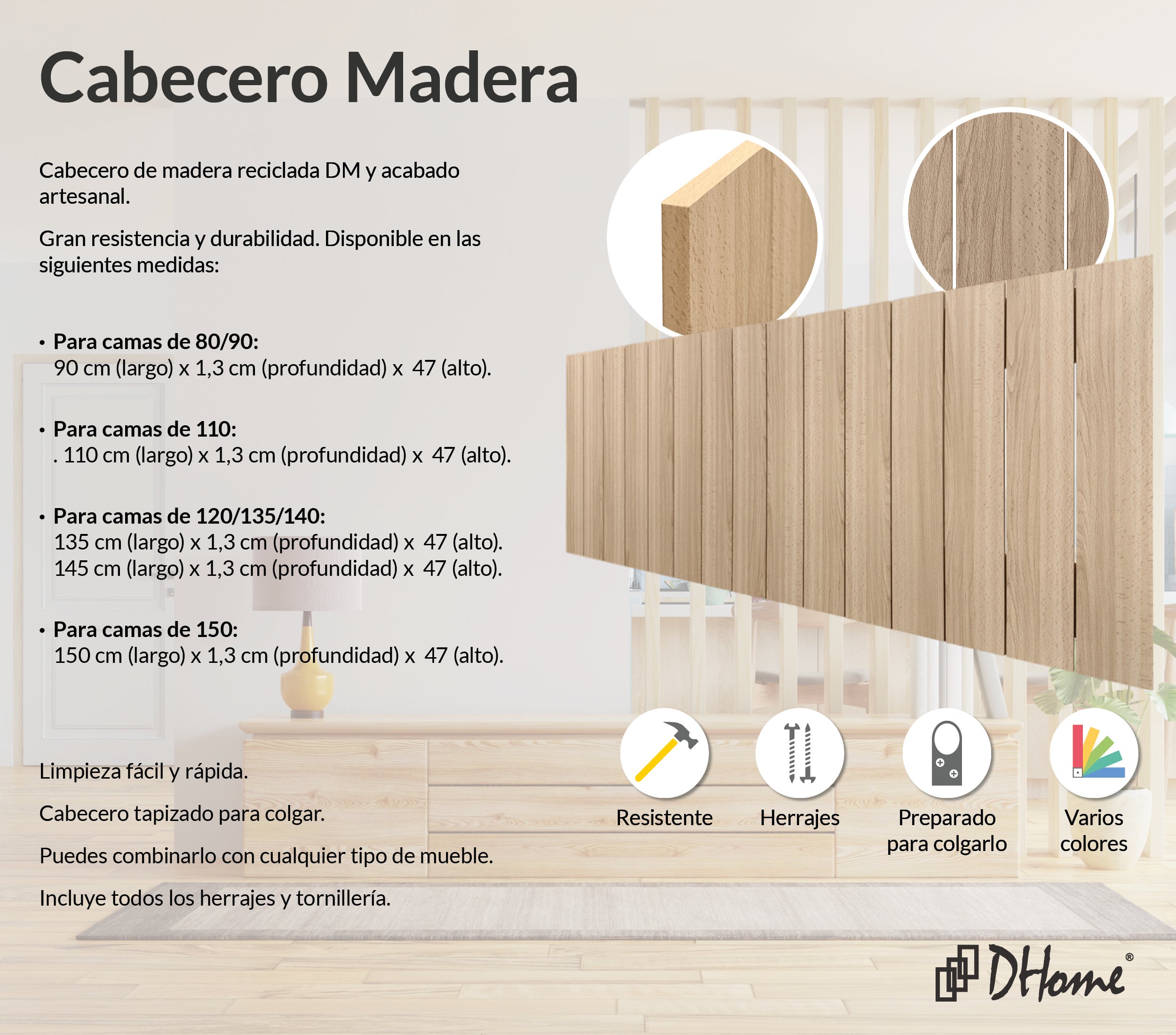 DHOME Tête de lit en bois recyclé MDF Vertical Pallet Style 150x46 Lits 150 - Bois Naturel - 2