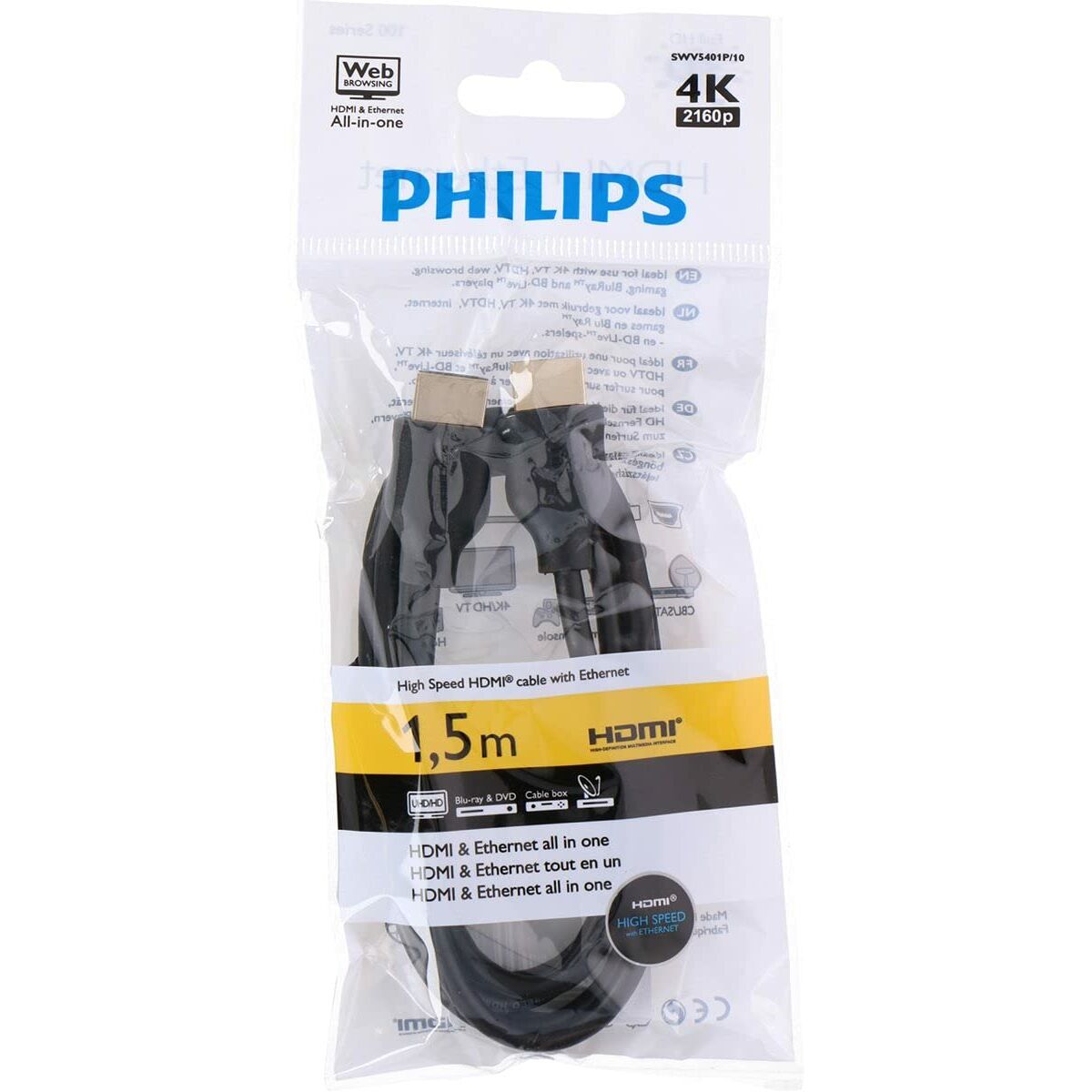 Philips HDMI-Kabel 1,8 Meter – Schwarz, Für Full HD, 3D, Arc, Mit Nickel-Anschlüssen