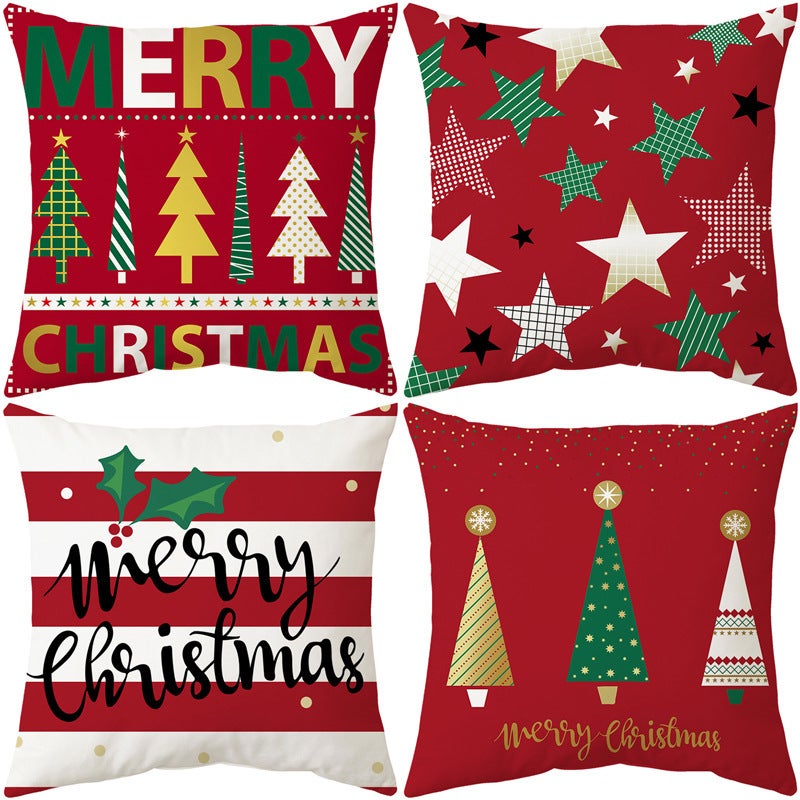 Set Di 4 Federe Per Cuscini Natalizi 45x45 Cm, Double Face, In Peluche Corto, Con Motivi Di Cervi, Fiocchi Di Neve E Alberi Di Natale, Grigio E Bianco