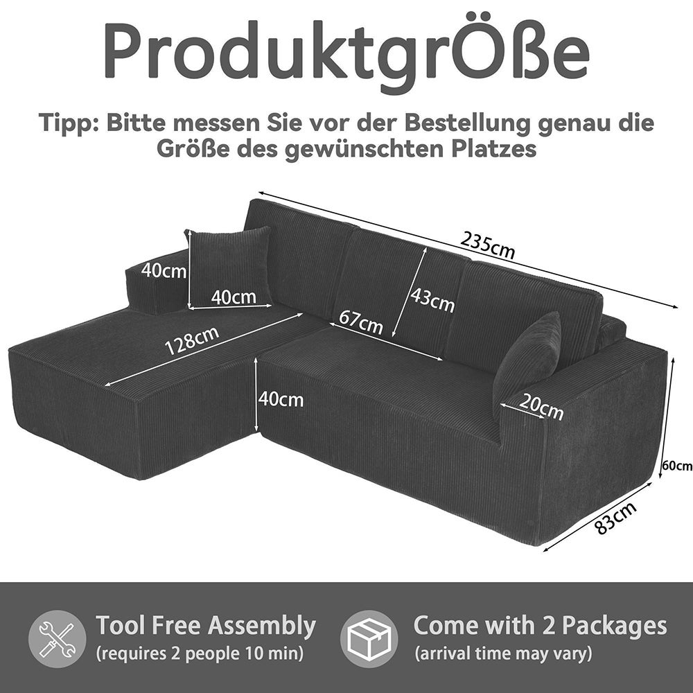 Canapé d'angle en L en velours côtelé compressé,2 places + coin chaise longue,noir,modulaire avec rembourrage en mousse haute densité - 3