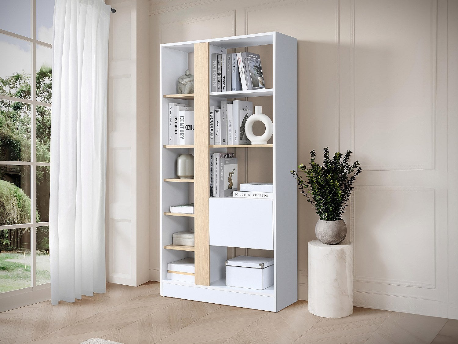 Biblioteczka z 1 szafką i 7 półkami - Naturalny i Biały - CALENIA