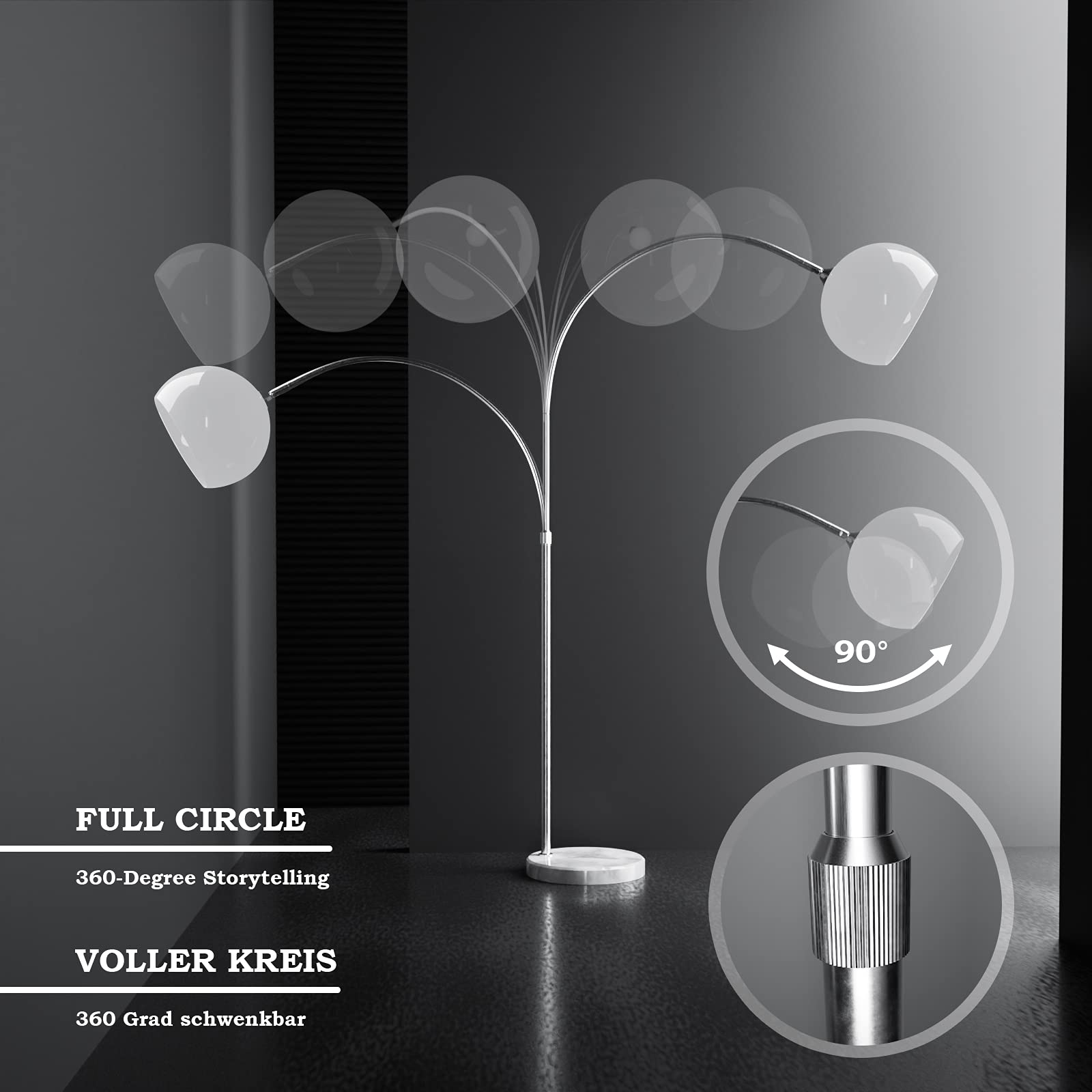 Lampe Arc - Hauteur réglable (145-220 cm), abat-jour rotatif, base ronde en marbre, E27, max. 60 W, ou LED - 6