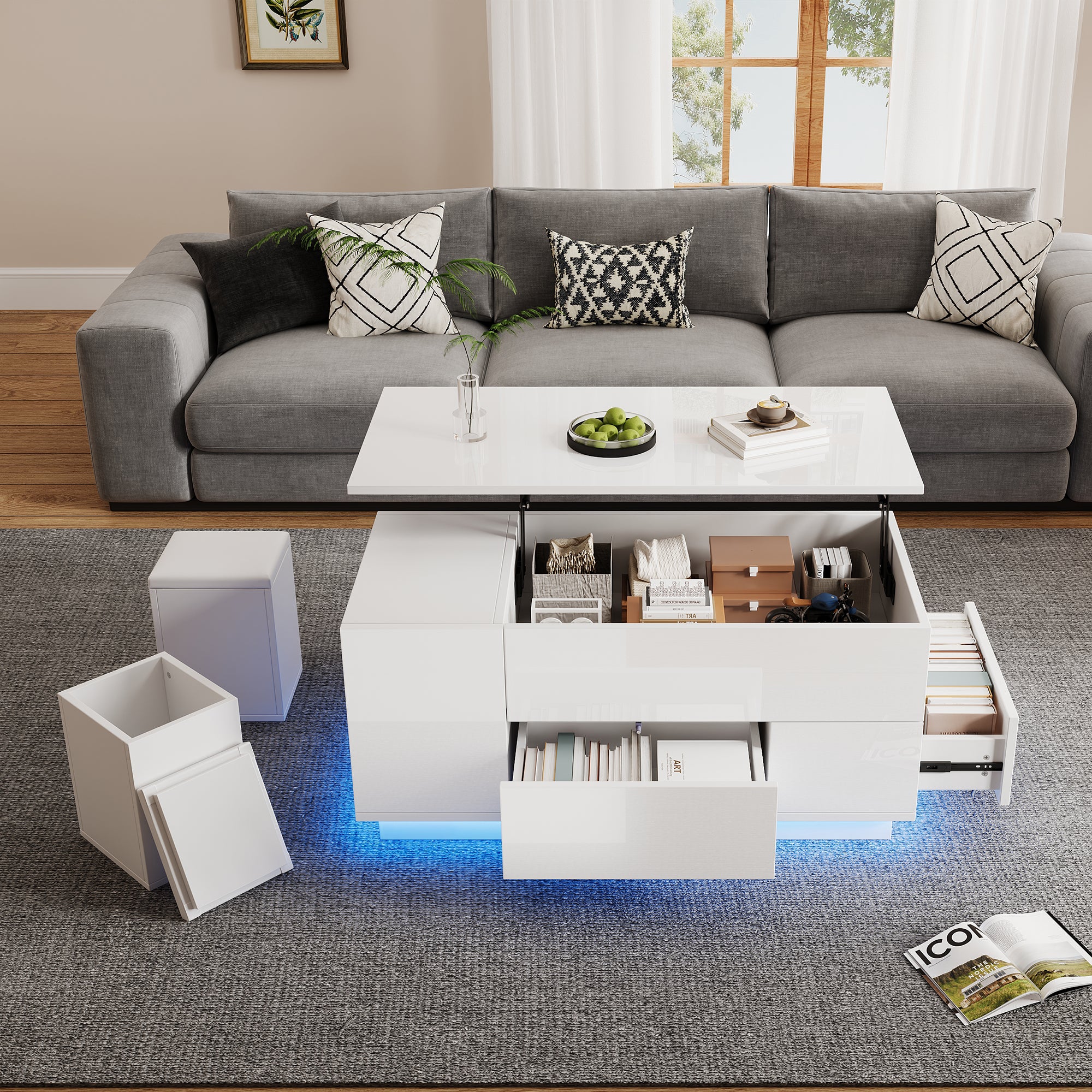 Regulowany stolik kawowy 100×50×45 cm - z oświetleniem LED - wykończenie błyszczące - z 2 szufladami i 2 stołeczkami - biały