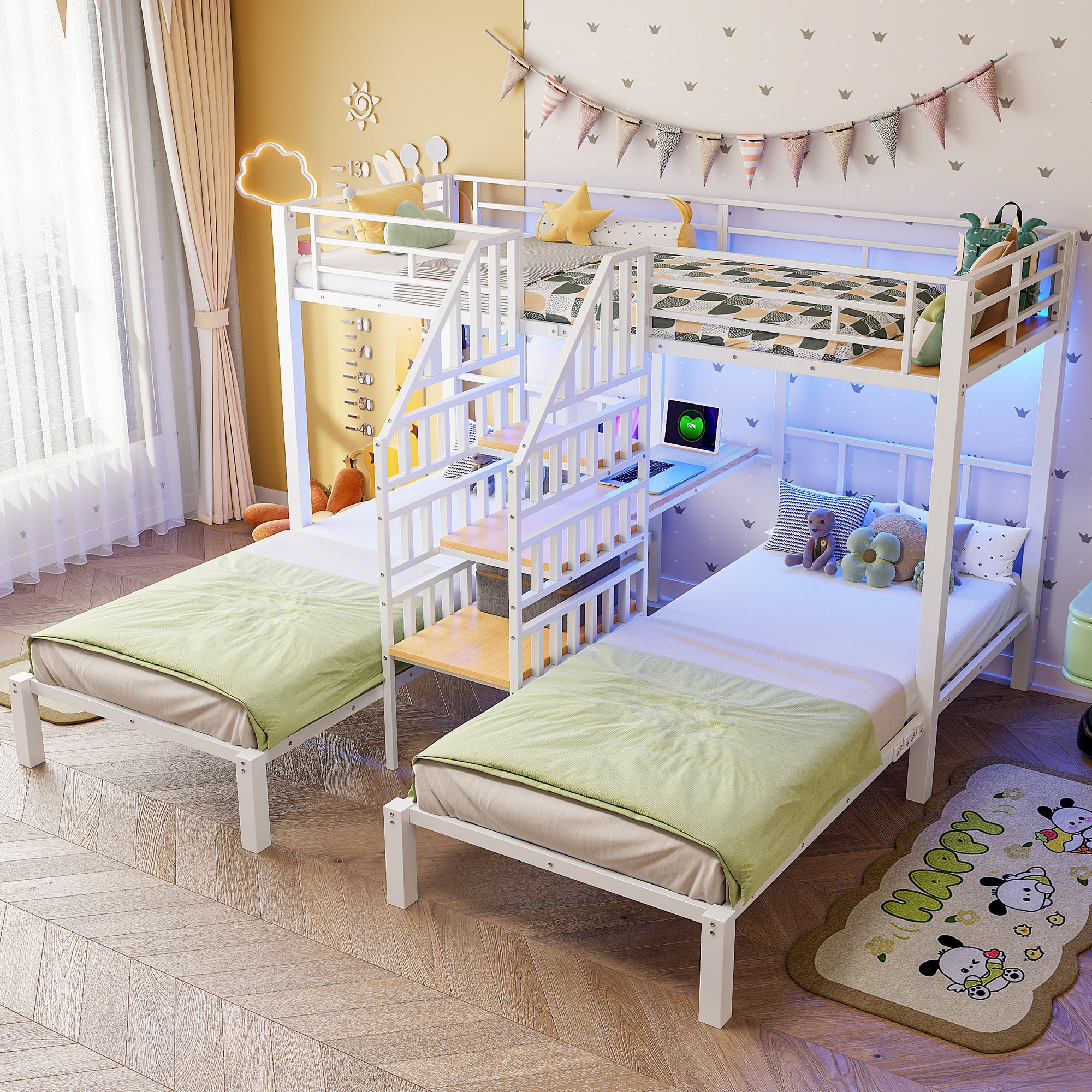 Lit Superposé 3 Places 90x200 cm avec Bureau et Étagères, Lit Triple Métal MDF Blanc, LED USB Prise Intégrées, Échelle Rangement,Sans Matelas - 2