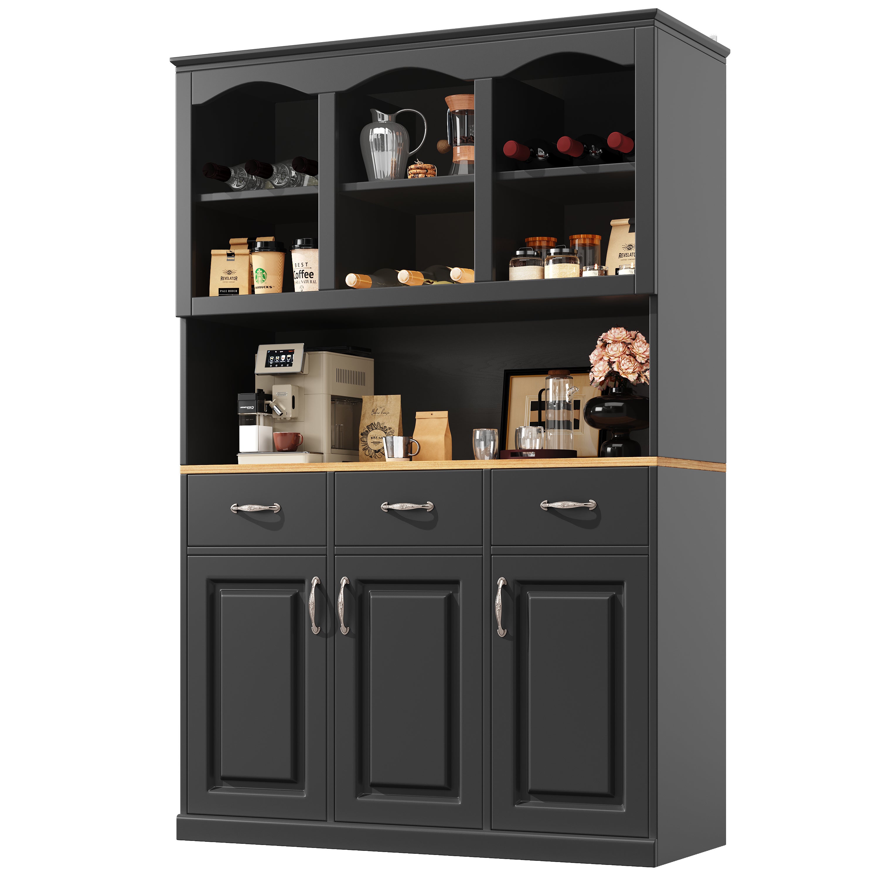 Buffet de cuisine avec 3 portes, 3 tiroirs et casiers à vin - 120 x 40 x 180 cm - LEDs - MDF - pour cuisine ou salle à manger - Noir - 9