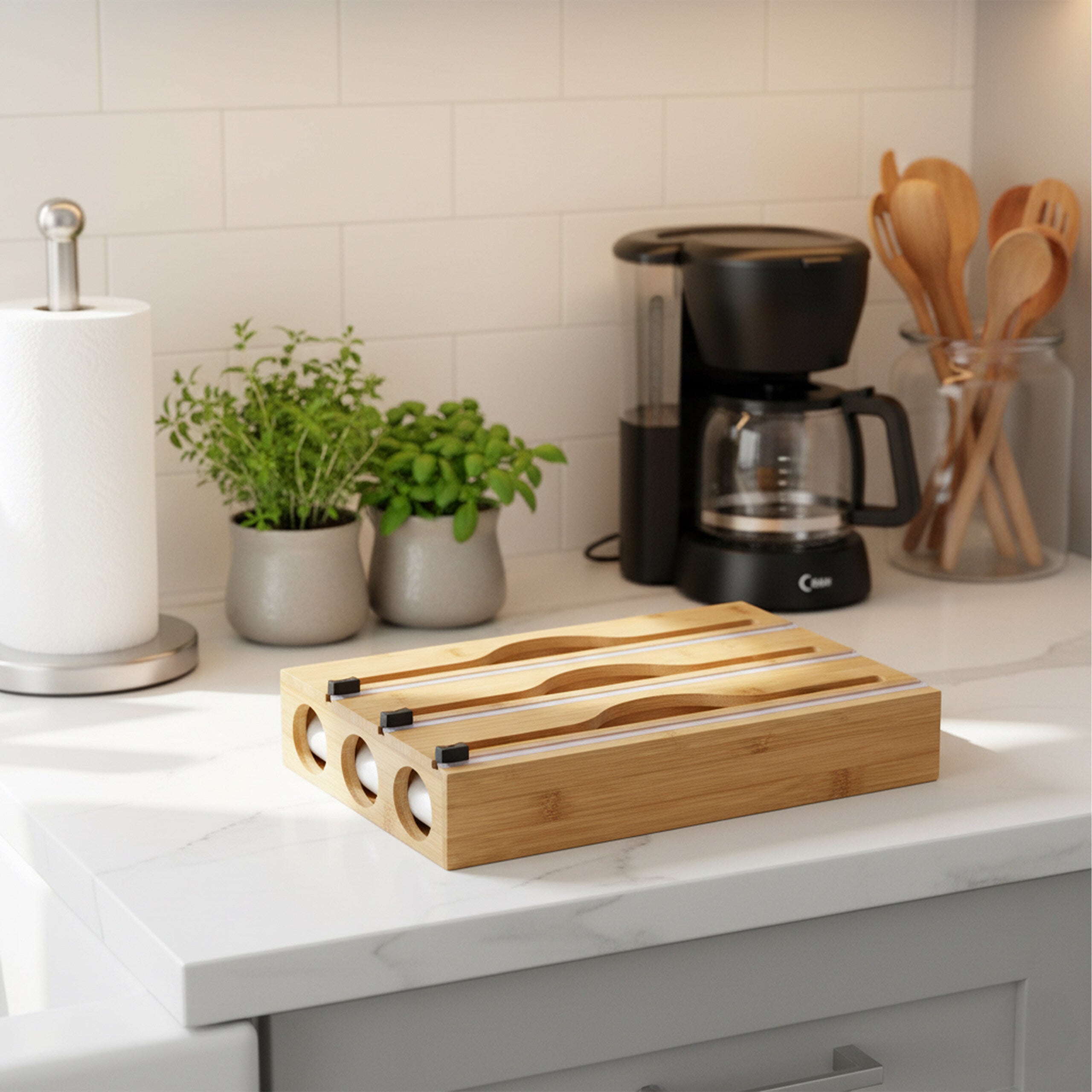 Dispenser 3 In 1 Con Taglierina In Bambù Per Pellicola, Alluminio E Carta Forno - Porta Rotoli Da Cucina