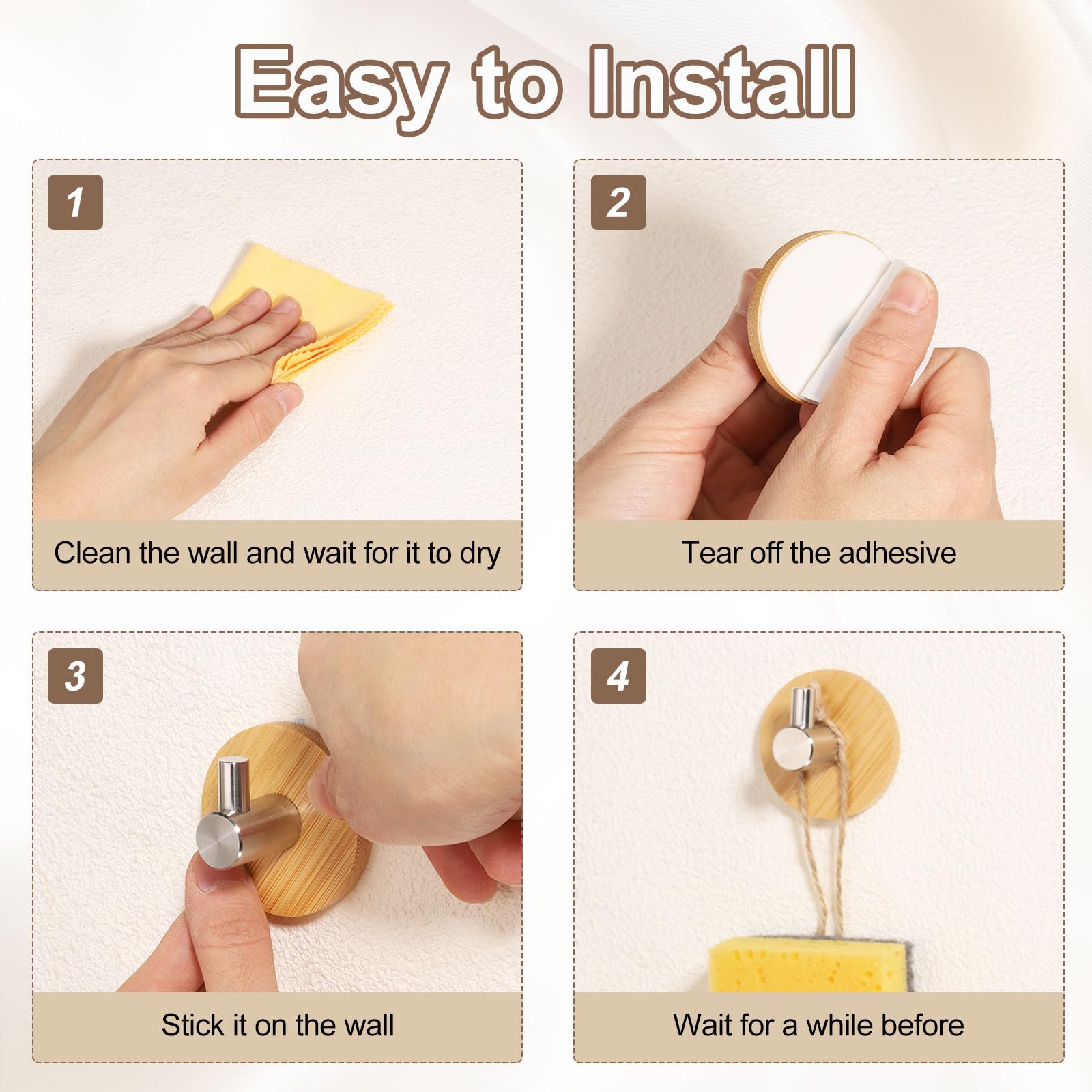 4 crochets adhésifs, crochets muraux en bois sans perçage, crochets de porte adhésifs robustes, adaptés à la salle de bain, cuisine (marron) - 5
