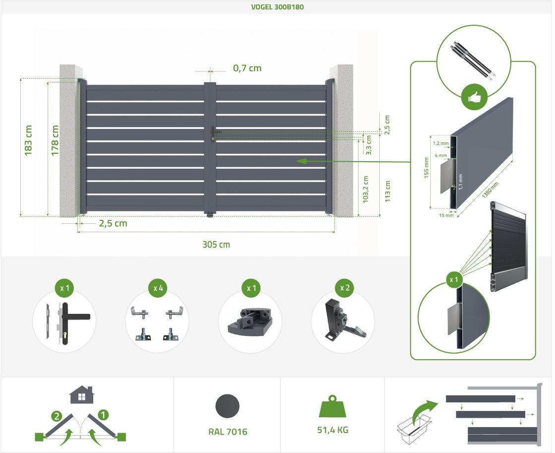 VOGEL Cancello a battente motorizzato in alluminio, semi traforato 300 x 180 cm + kit Motorisation B250, grigio - 2