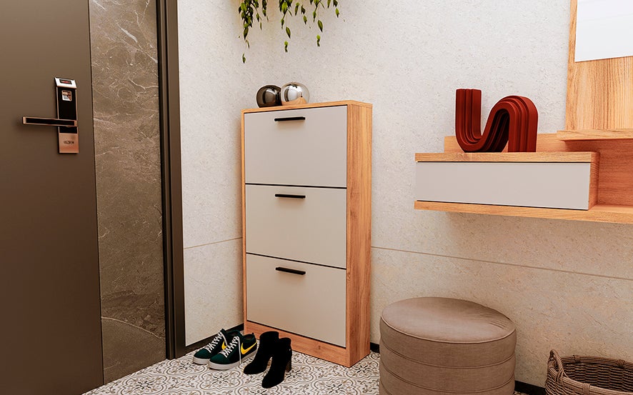 Sapateira com 3 Portas Mauvella Bege – Móvel Estreito para Sapatos 108x60x17 cm – Design Moderno e Funcional, Capacidade para 9 Pares, Fabricado em Es