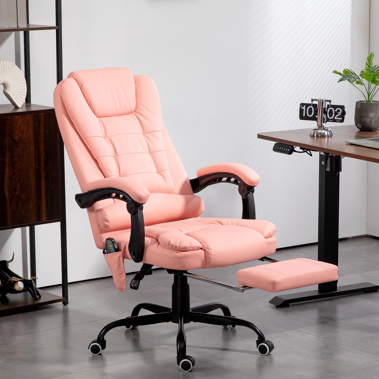 Ergonomiczny fotel biurowy z masażem, podnóżkiem i odchylonym do 155° oparciem, różowy, 120 kg